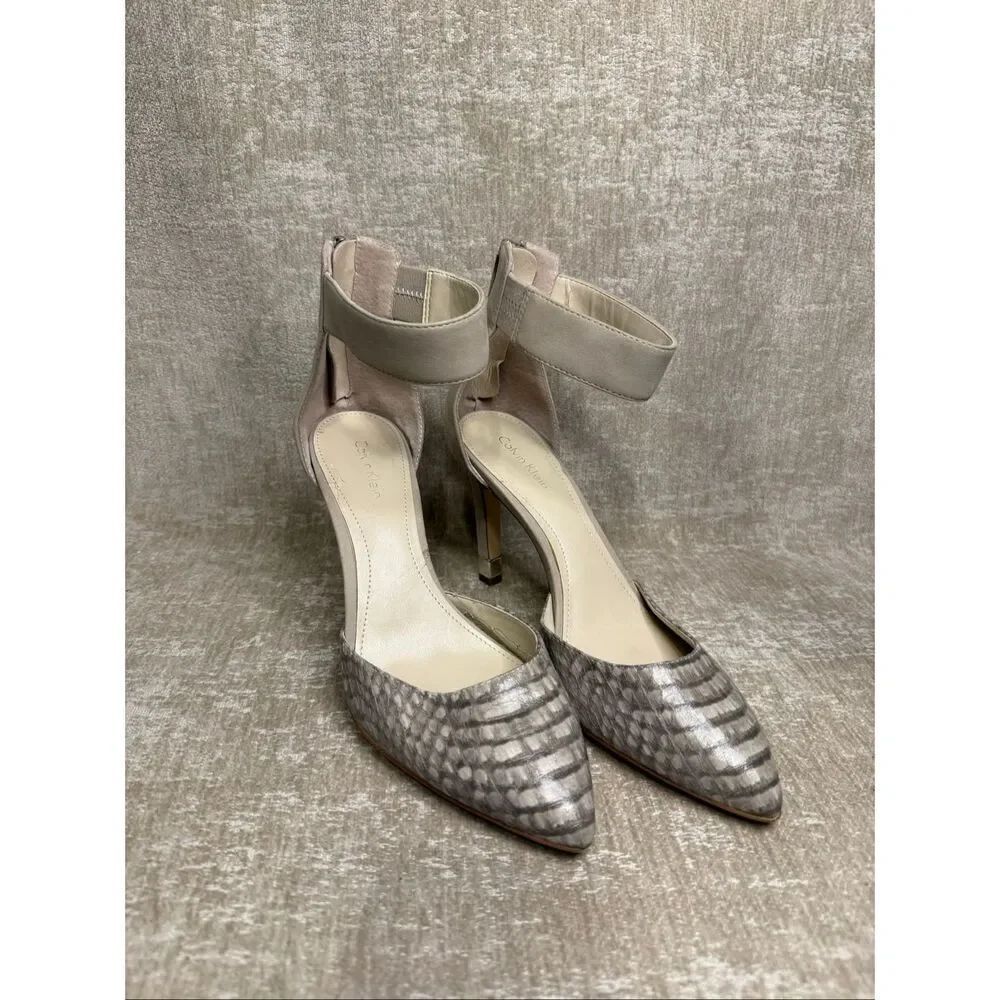 Calvin Klein Women's Tanda Leather Snakeskin Ankle Strap Pumps Taupe Size 7.5